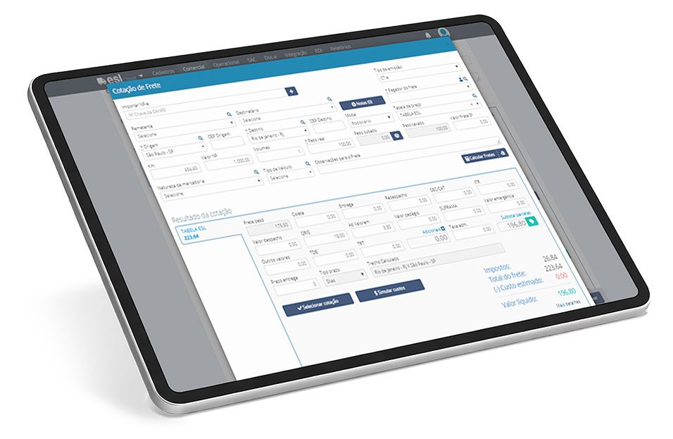 Tablet exibindo sistema de cotação de frete