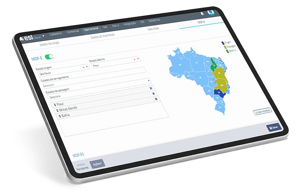 Tablet com sistema logístico e mapa do Brasil