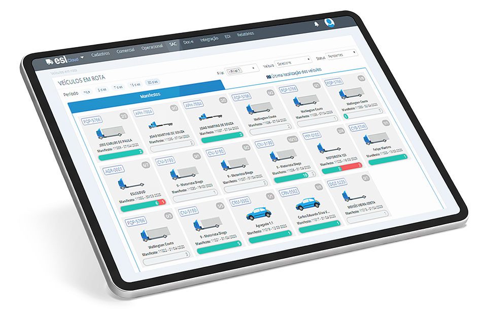 Tablet com painel de gestão de veículos