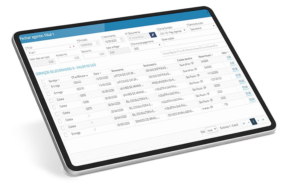 Tablet com sistema de gestão logística exibido