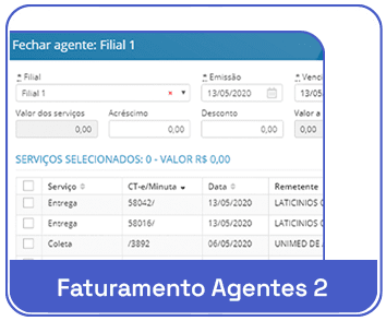 Tela de faturamento de agentes em sistema