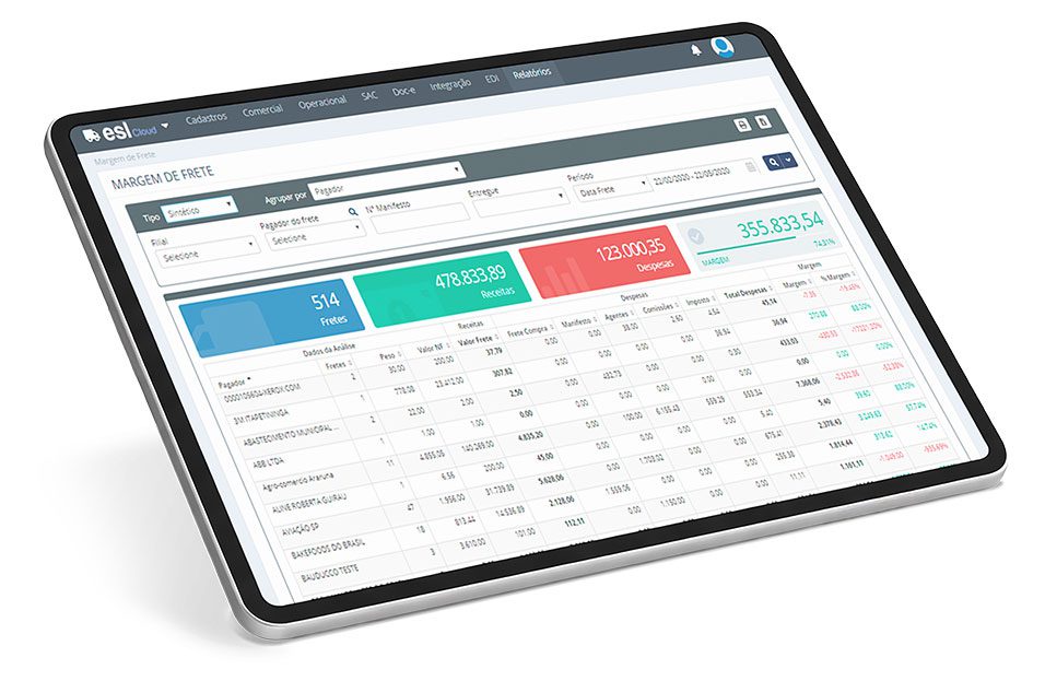 Tablet exibindo dashboard de margem de frete