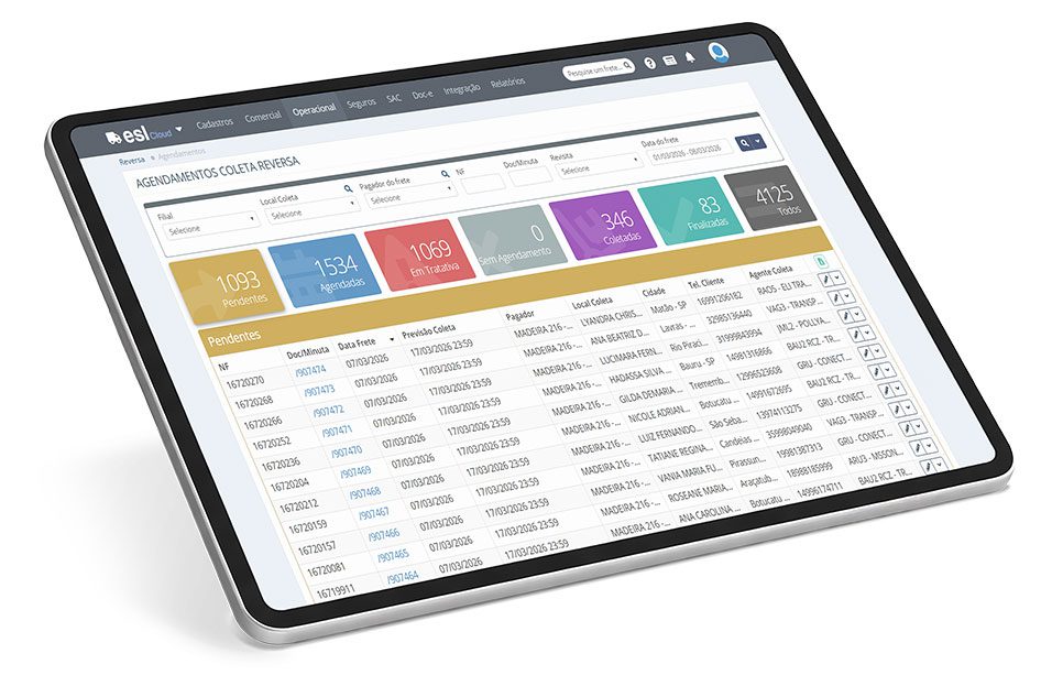 Tablet exibindo painel de agendamentos de coleta reversa