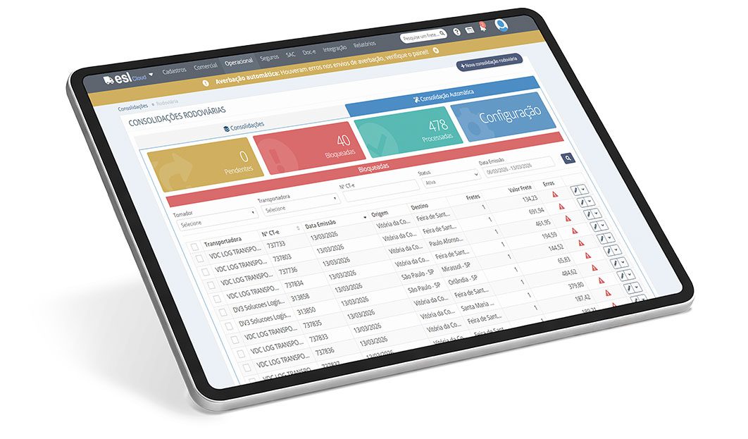 Tablet exibindo dashboard de consolidações rodoviárias logísticas