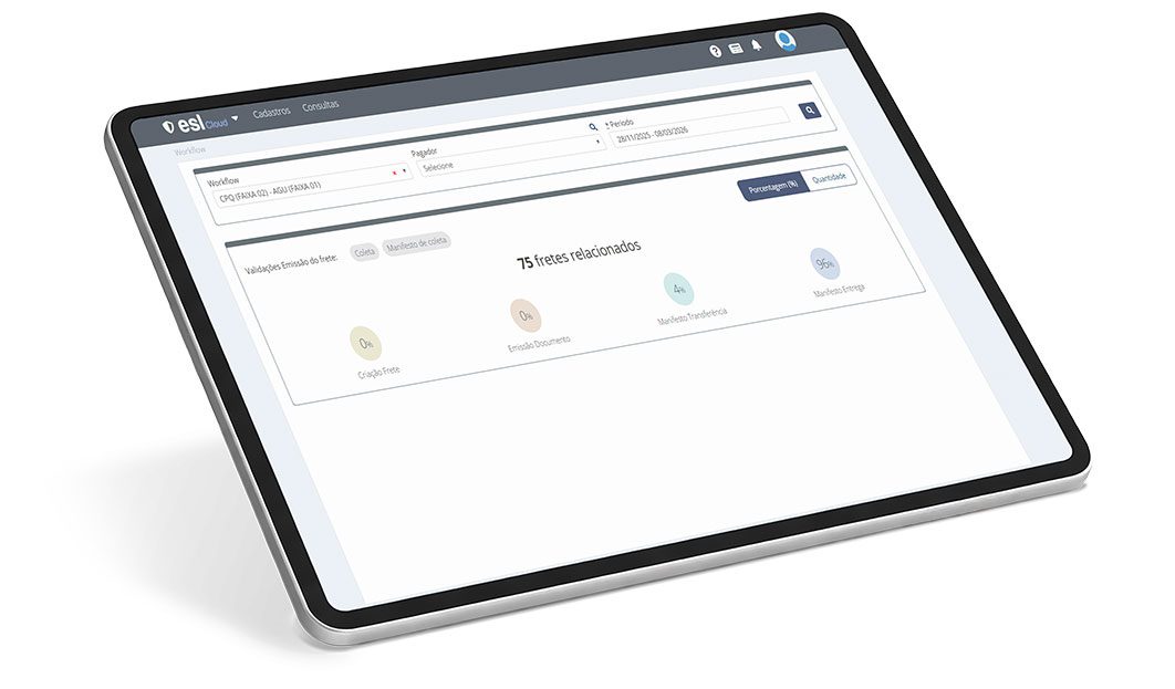 Tablet exibindo dashboard de gestão de fretes