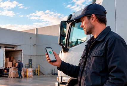 Motorista usa smartphone ao lado de caminhão em armazém