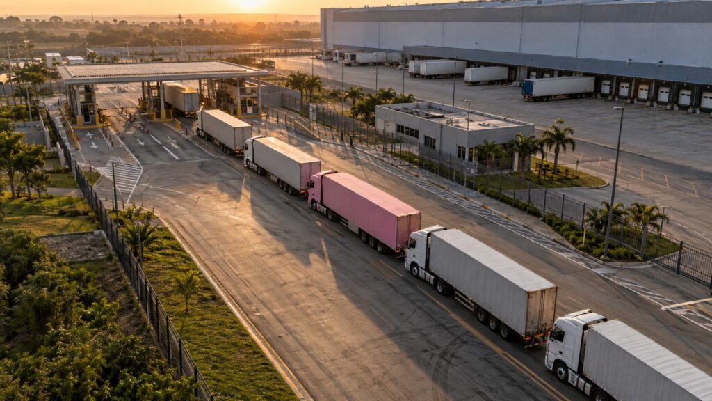 Caminhões alinhados em centro logístico ao amanhecer
